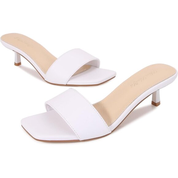 Women's White Kitten Heels Sandal Heeled Slides Square Open Toe One Band Slip On - Picture 5 of 9